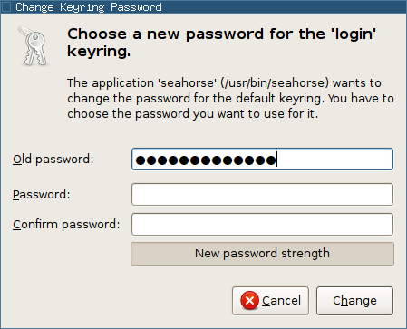 [screenshot: changing keyring password]