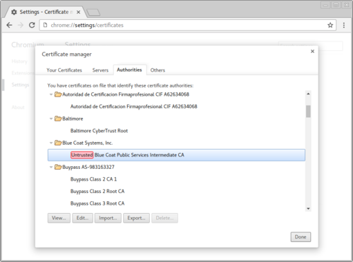 Screenshot – Chromium's certificate list